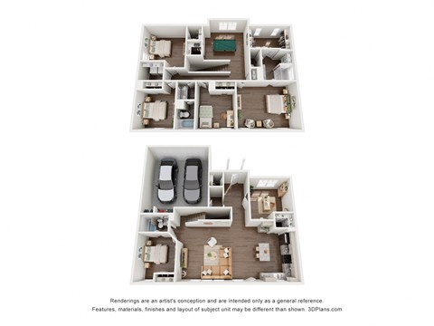 a stylized floor plan of a 3 bedroom apartment